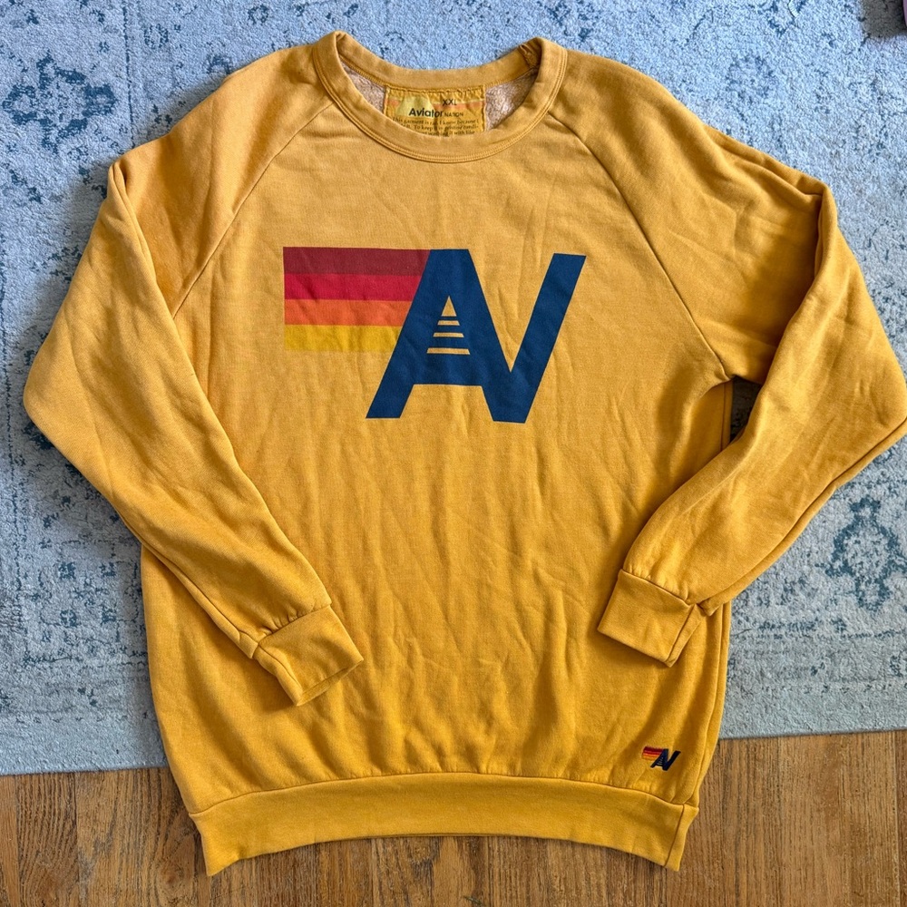 Aviator Nation Mustard Yellow Crewneck with Retro Stripe Logo